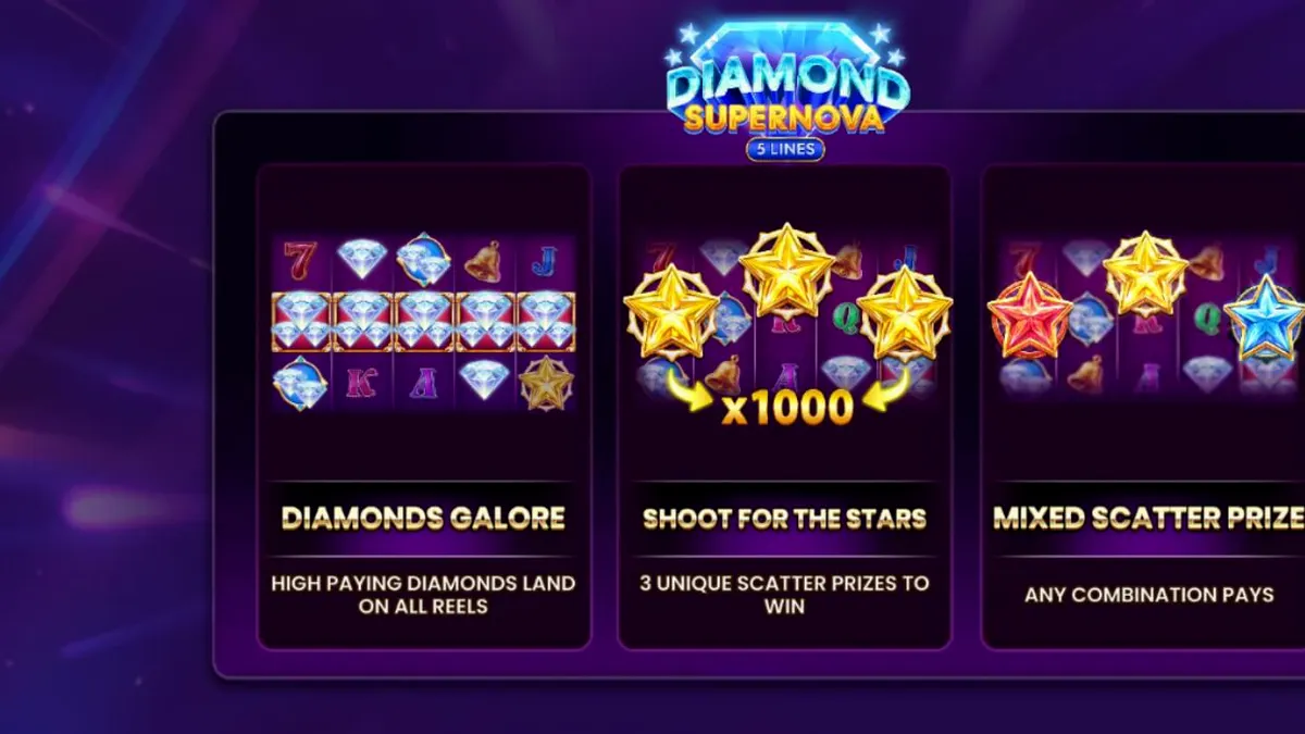 Interface do jogo Diamond Supernova com fundo espacial e símbolos clássicos