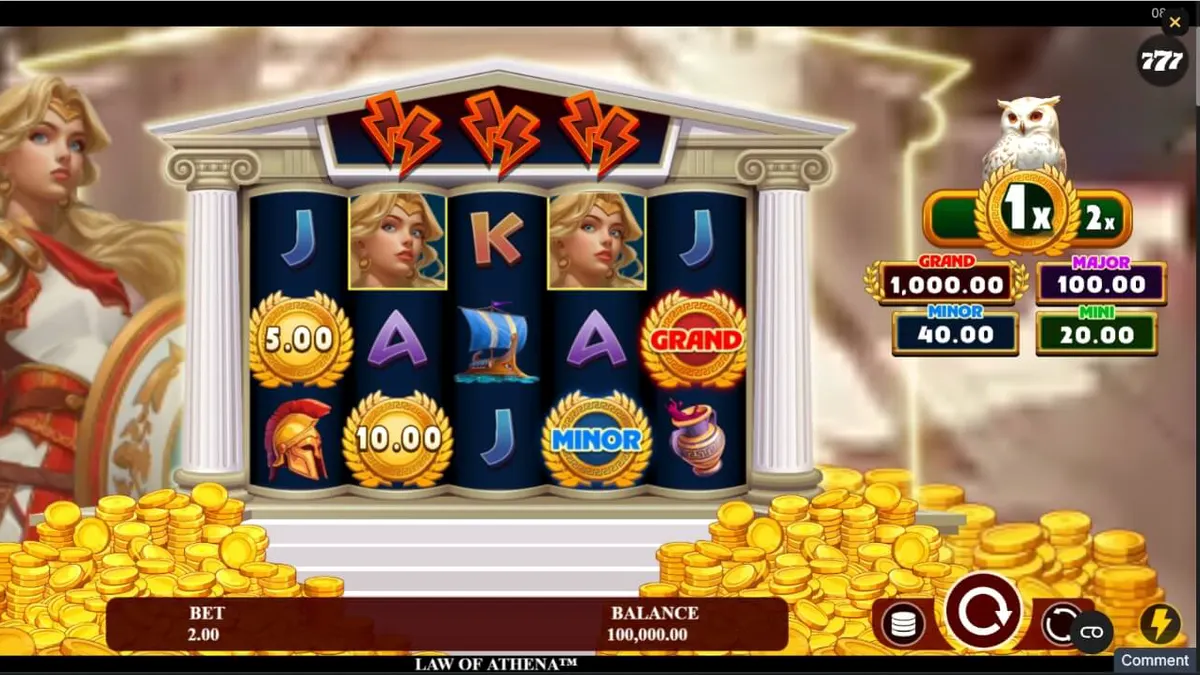 Interface do slot Law of Athena com elementos da mitologia grega e design dourado.